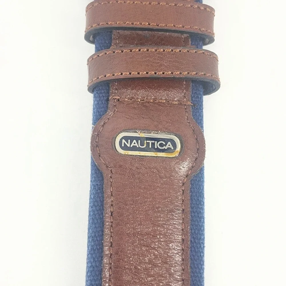 Nautica Mens Belt Brown‎ Leather Blue Canvas Silver Buckle Size 40